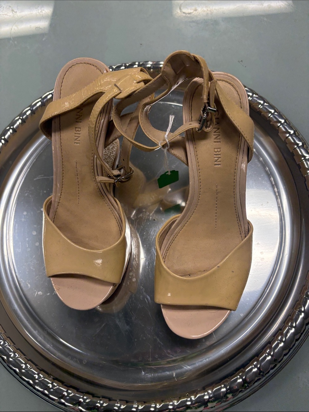 Gianni Bini Tan Patent Leather Ankle-Strap Heels